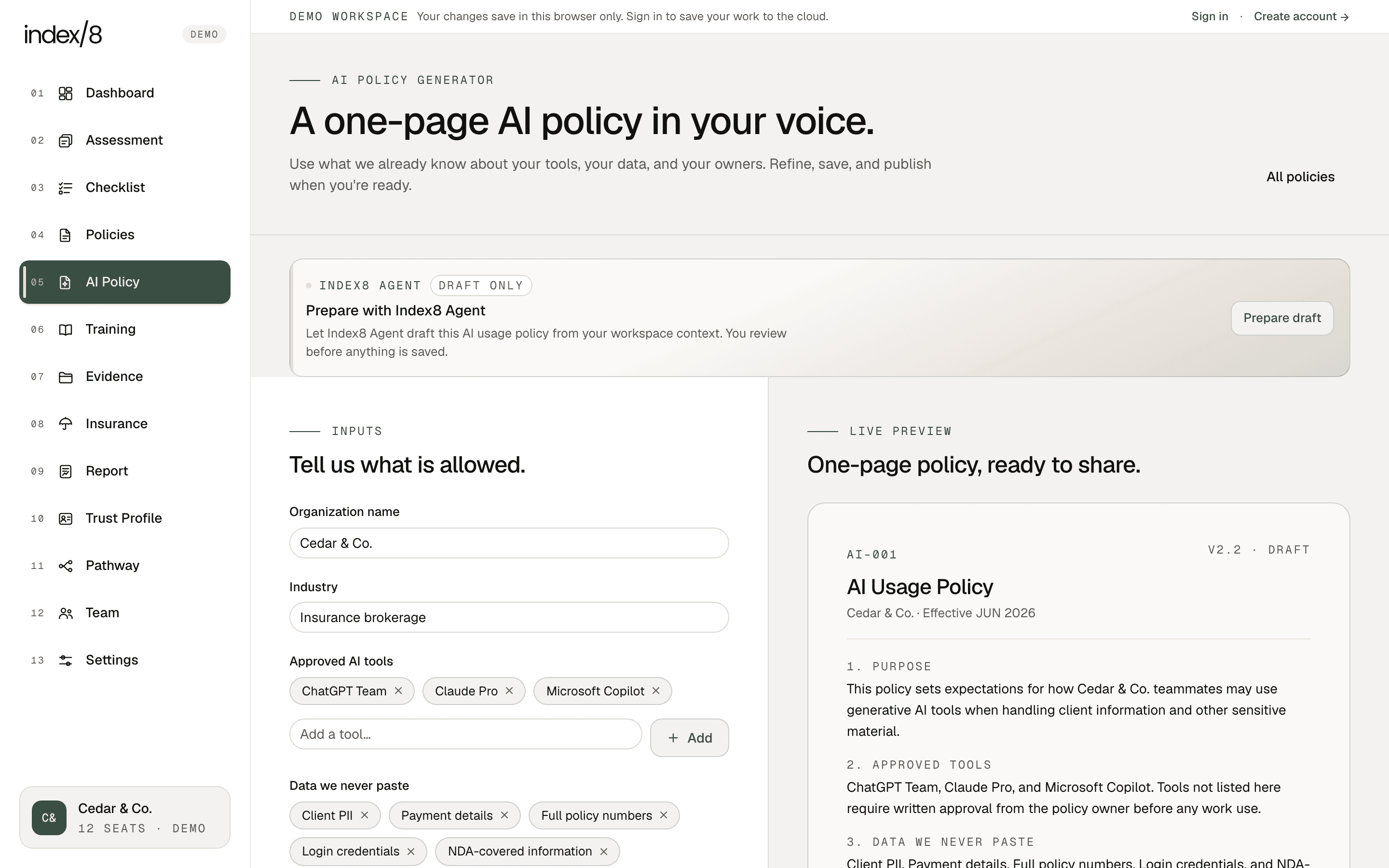 Index8 AI usage policy generator with approved tools, restricted data inputs, and a live one-page policy preview