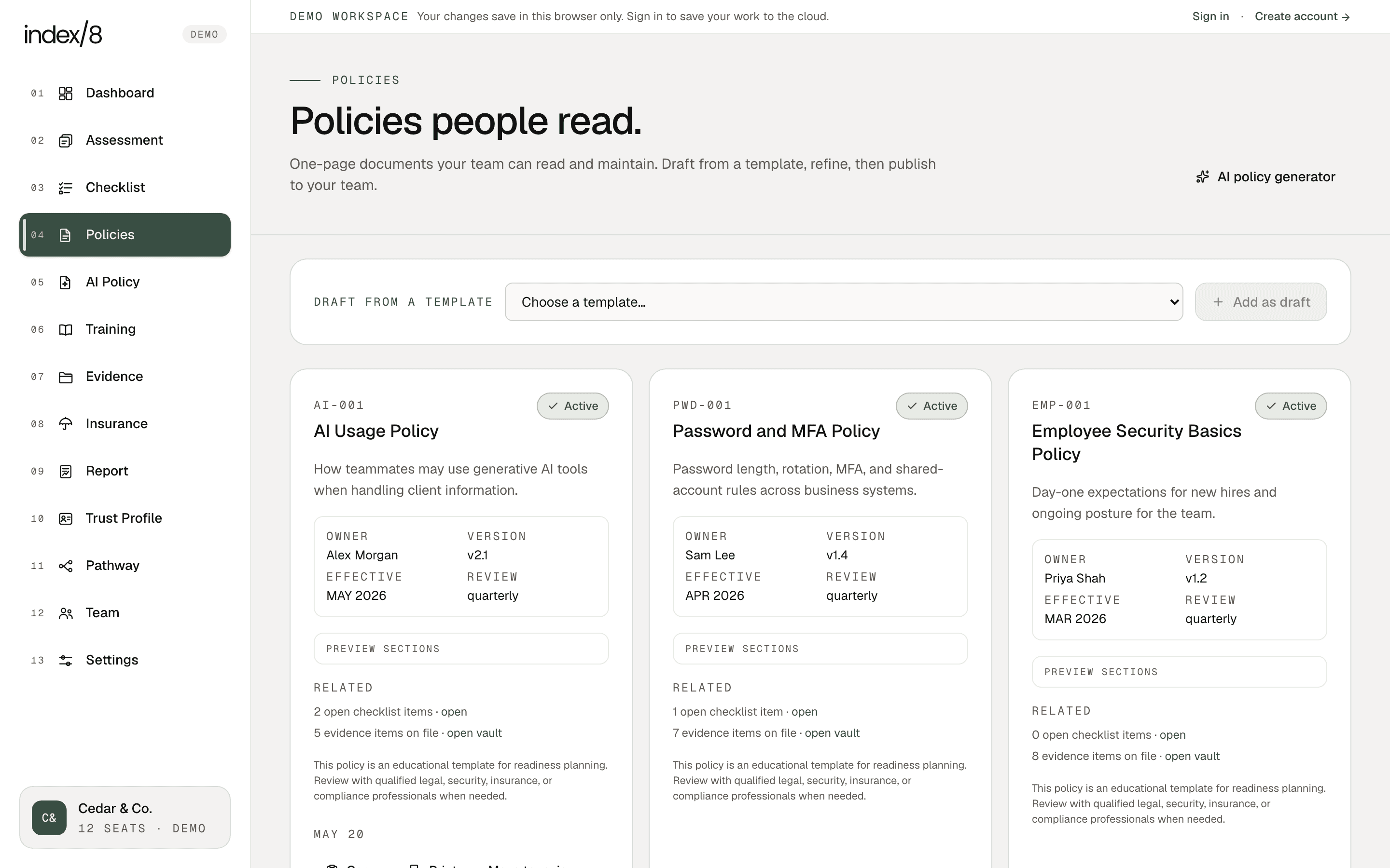 The Index8 policies workspace a real estate operations manager uses, showing written policies and acknowledgment tracking.