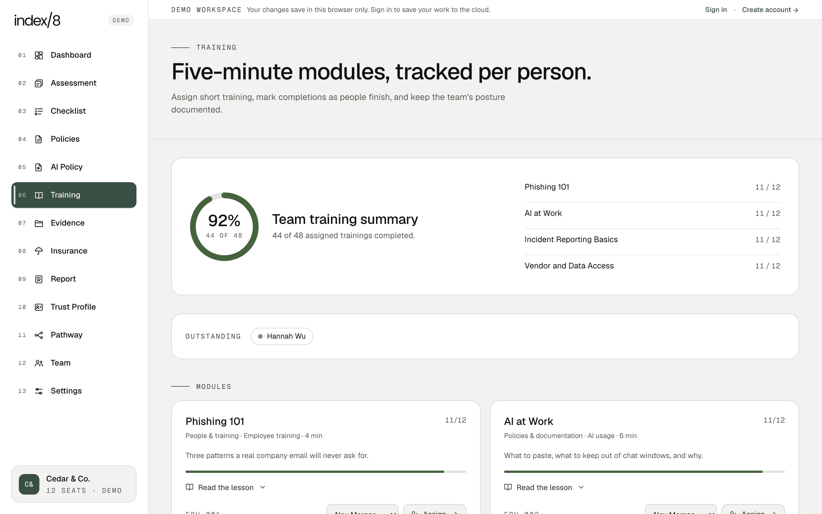 Index8 training tracker showing five-minute modules and per-person completion counts